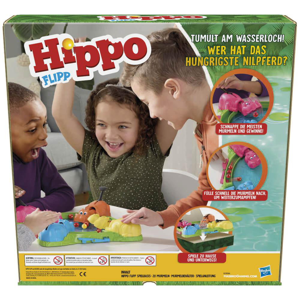 Rückseite einer Spielbox, die ein Spiel zeigt. Kinder spielen das Spiel mit bunten Flusspferden.