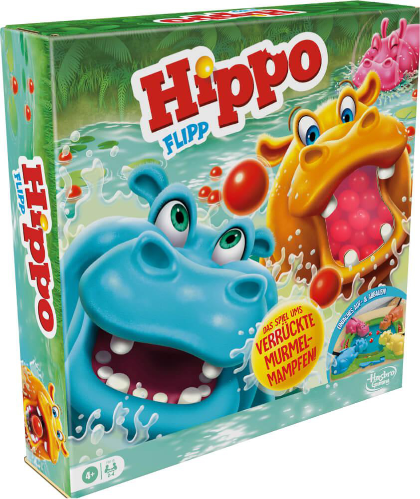 Hippo-Brettspiel-Box. Enthält Cartoon-Flusspferde und Spielelemente auf lebhaftem Hintergrund.