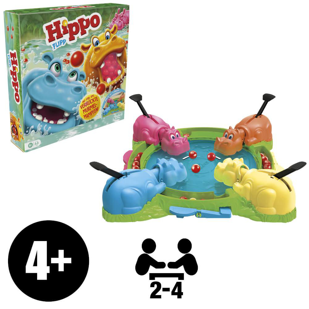 Hippo-Spiel mit vier Flusspferden, einem Spielbrett und einer Box. Das Spiel beinhaltet Murmeln und das Aufpoppen.