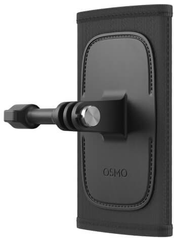 Schwarzes Osmo-Handgelenkband mit Befestigungspunkt für eine Kamera, mit schwarzem Sockel.