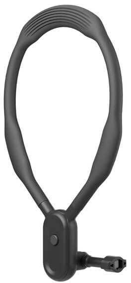 Ein dunkelgrauer Nackenlautsprecher mit einem Knopf und einem kleinen Stecker.
