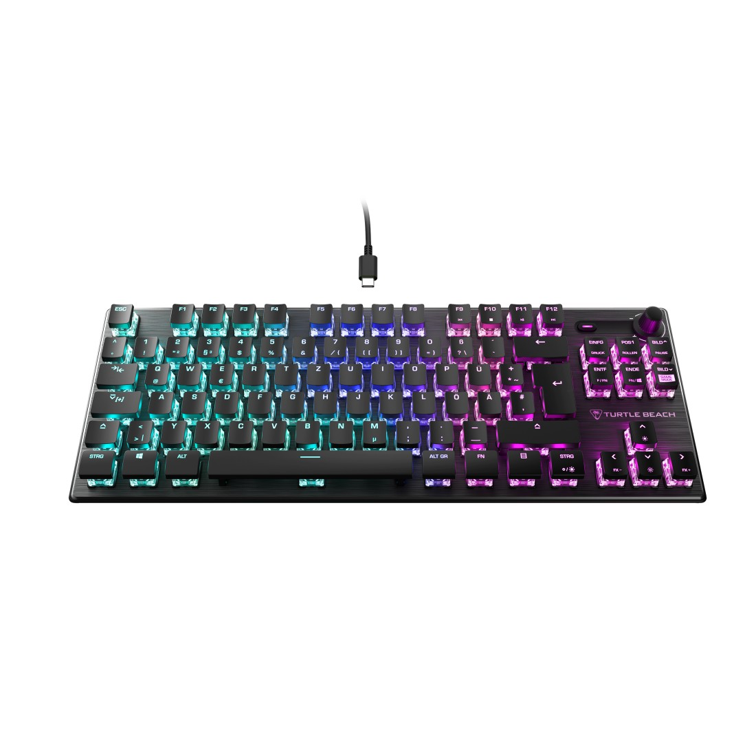 Schwarze Tastatur mit farbenfrohen beleuchteten Tasten und USB-C-Kabel.