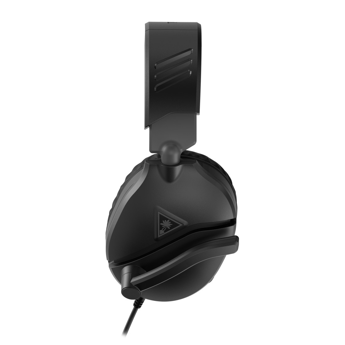 Nahaufnahme eines schwarzen Headsets, von der Seite gesehen, auf weißem Hintergrund.