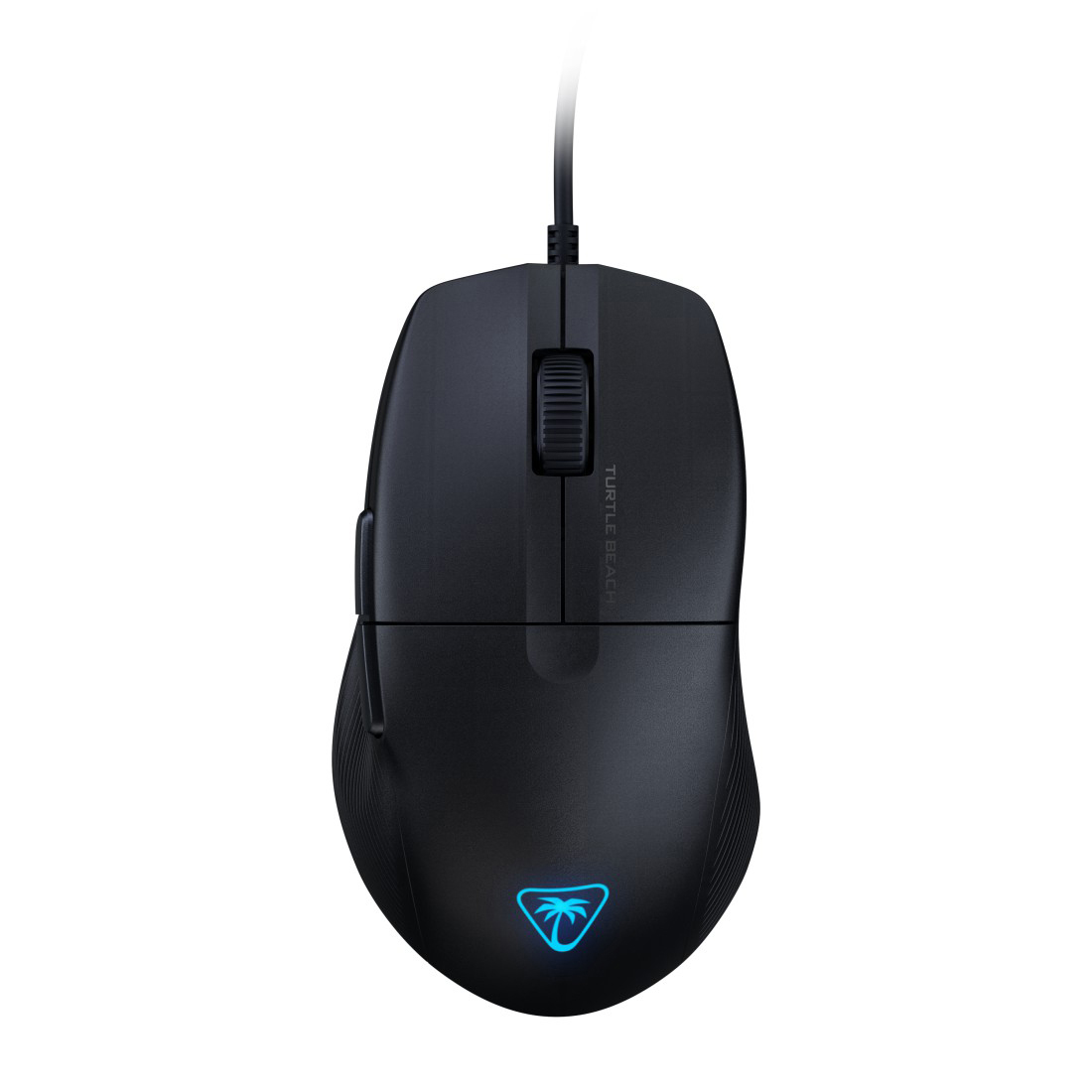 Schwarze Computermaus mit Scrollrad und Logo. Die Maus befindet sich auf weißem Hintergrund.