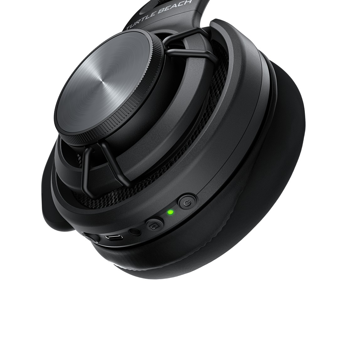 Schwarzer Turtle Beach Kopfhörer mit Bedienelementen und Power-LED.