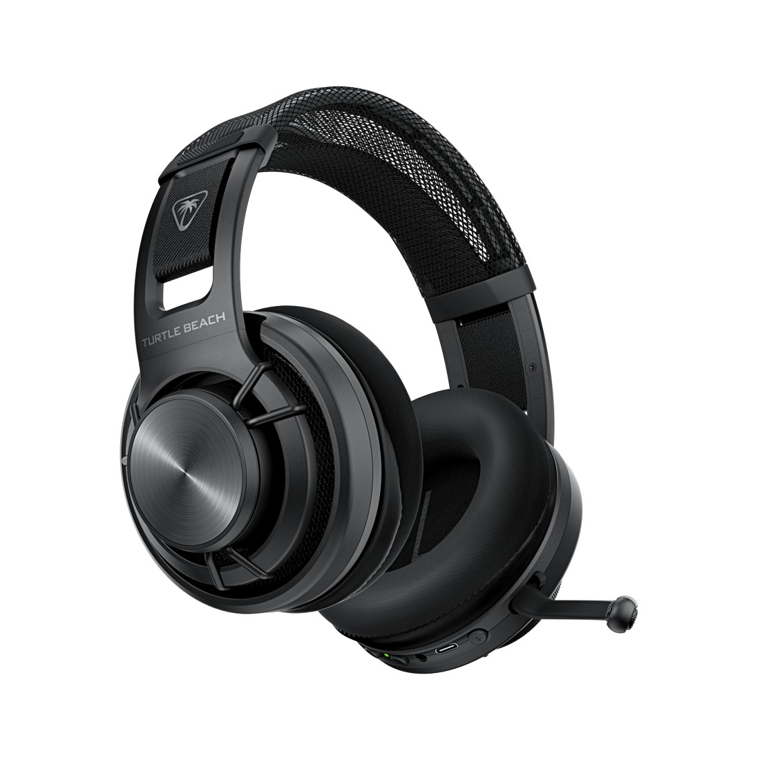 Schwarzes Turtle Beach Headset mit Mikrofon, leicht nach oben geneigt.