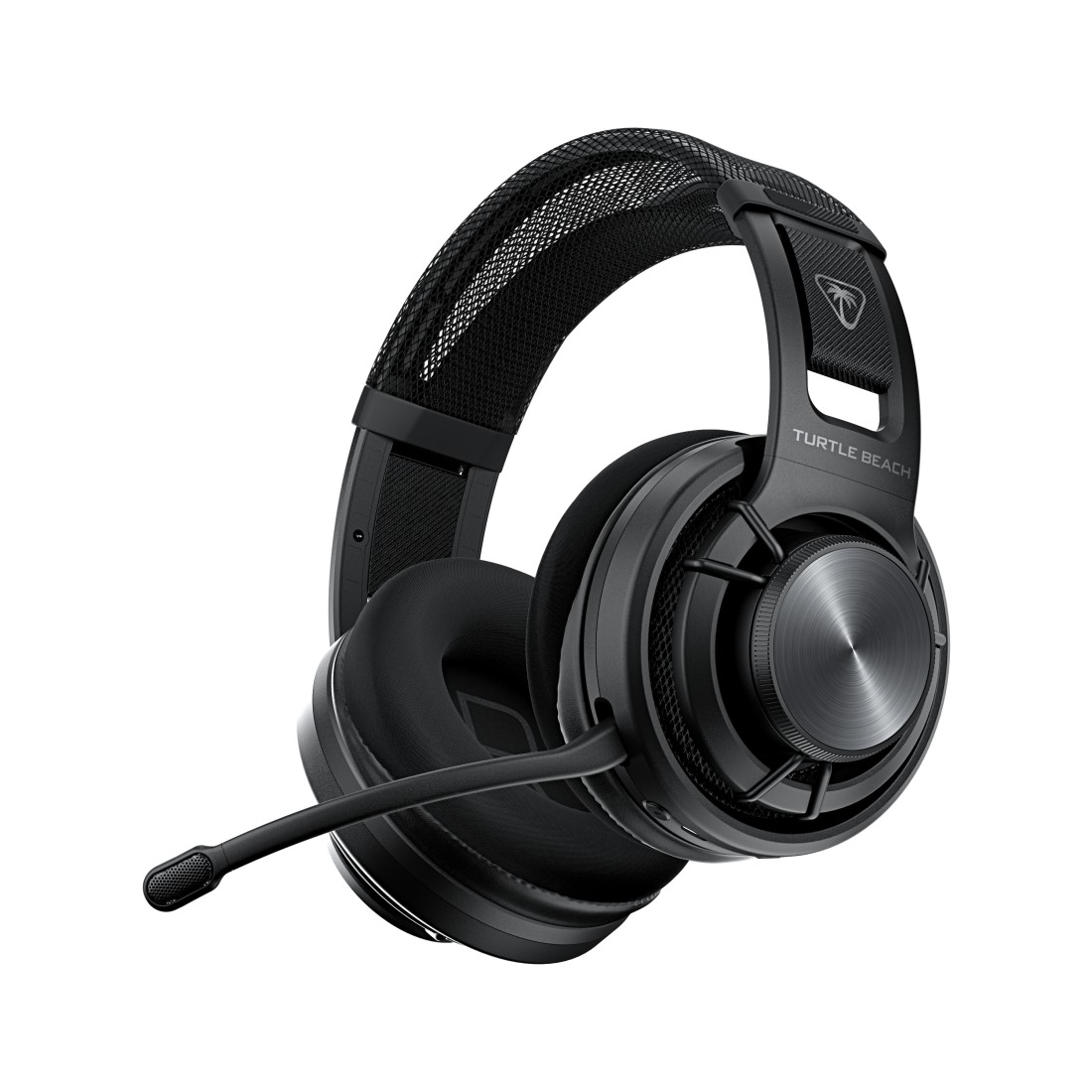 Schwarzes Turtle Beach Headset mit Mikrofon. Der Hintergrund ist weiß.