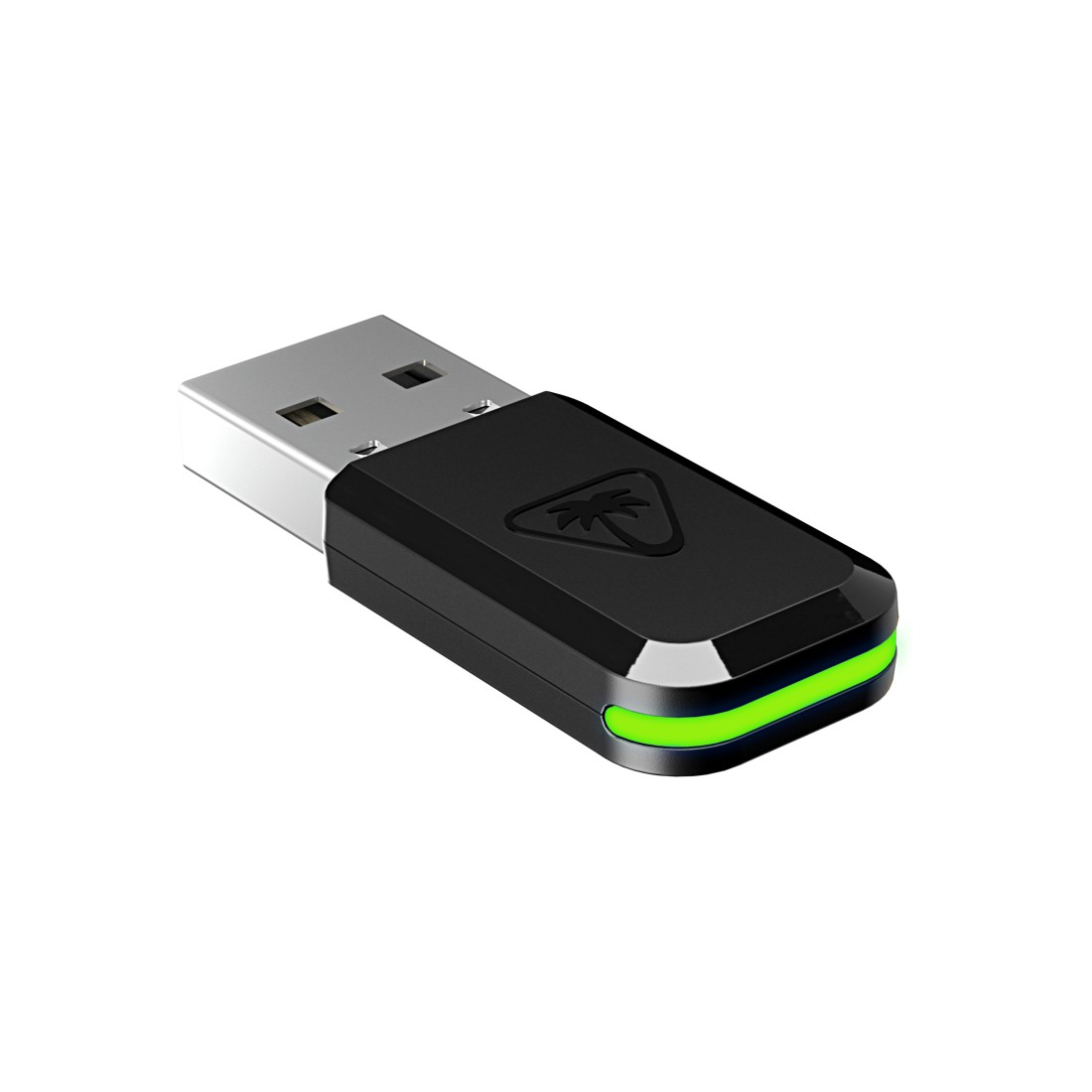 Schwarzer USB-Dongle mit grünem Licht, auf weißem Hintergrund.