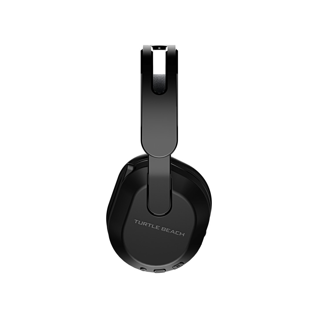 Schwarze Turtle Beach-Kopfhörer, Draufsicht, vor weißem Hintergrund.
