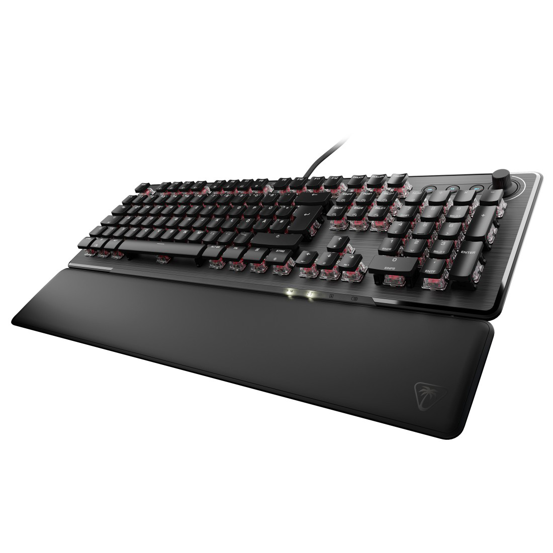 Eine schwarze Gaming-Tastatur mit roten Tasten und Handballenauflage.