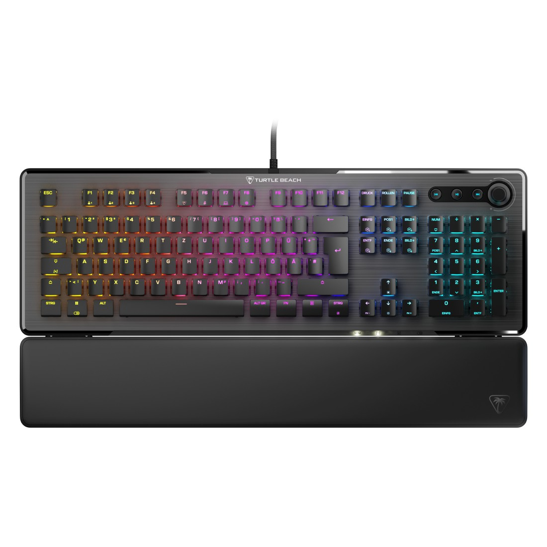 Turtle Beach Tastatur mit regenbogenfarbenen Tasten, schwarze Handballenauflage.