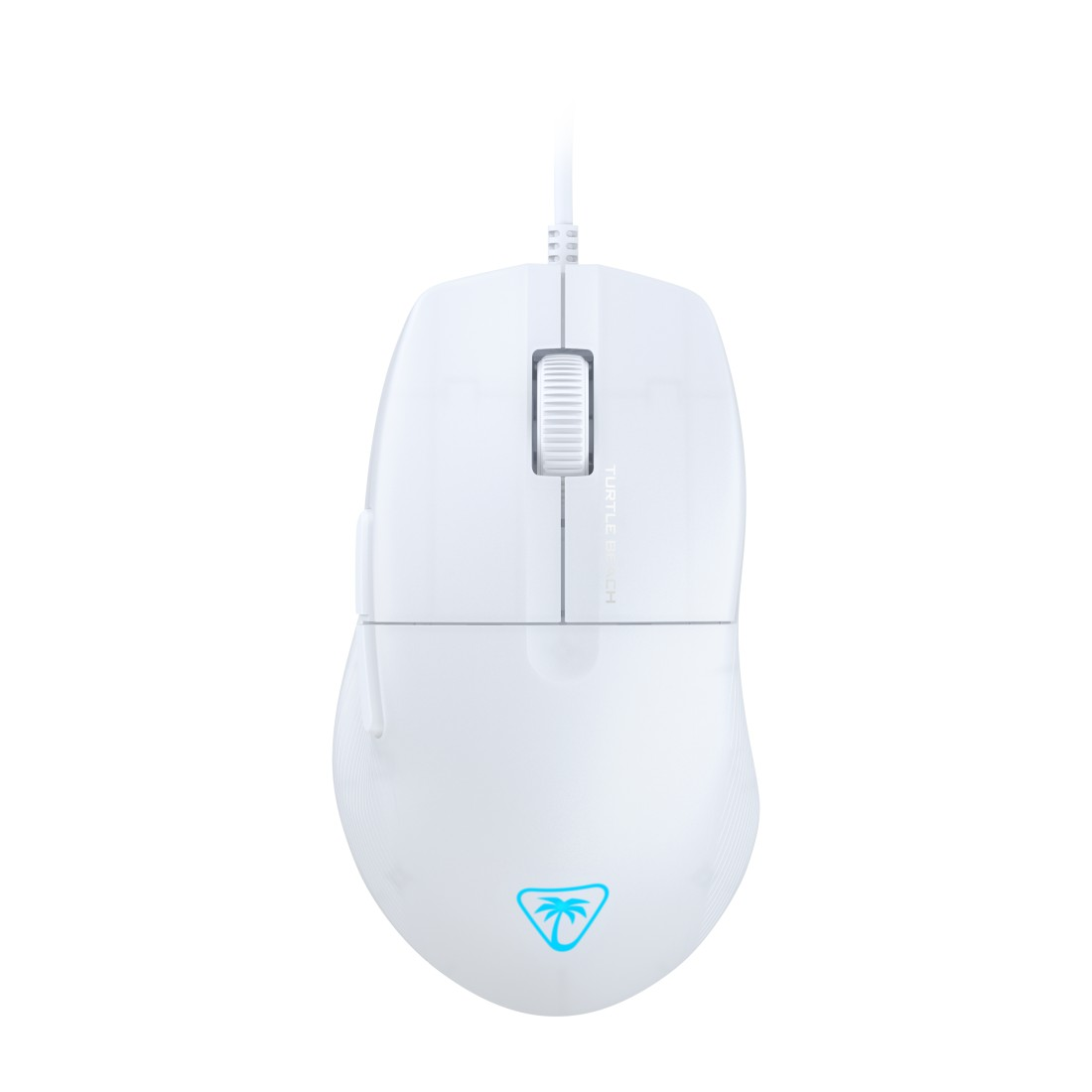 Weiße Gaming-Maus mit Palmenlogo. Sie hat ein Scrollrad und zwei Seitentasten.