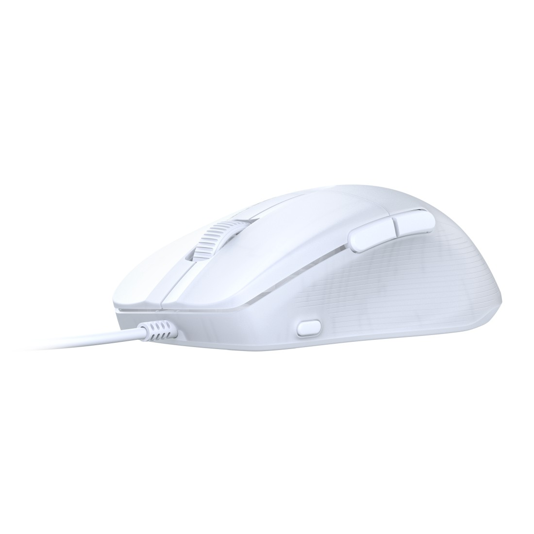 Weiße kabelgebundene Maus mit Tasten und Scrollrad, weißer Hintergrund, Seitenansicht.