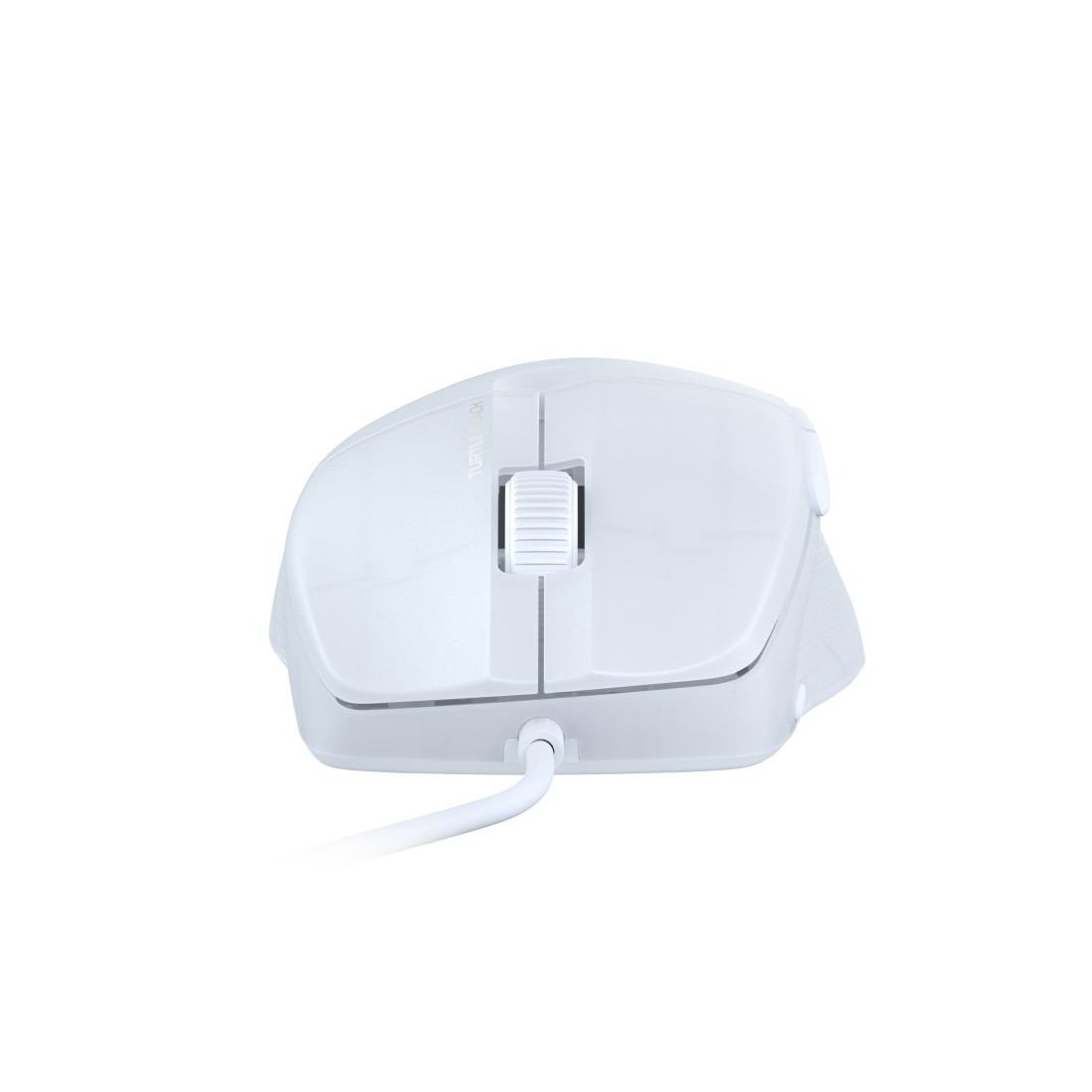 Eine weiße Computermaus mit Scrollrad und Kabel, von oben gesehen, auf weißer Oberfläche.