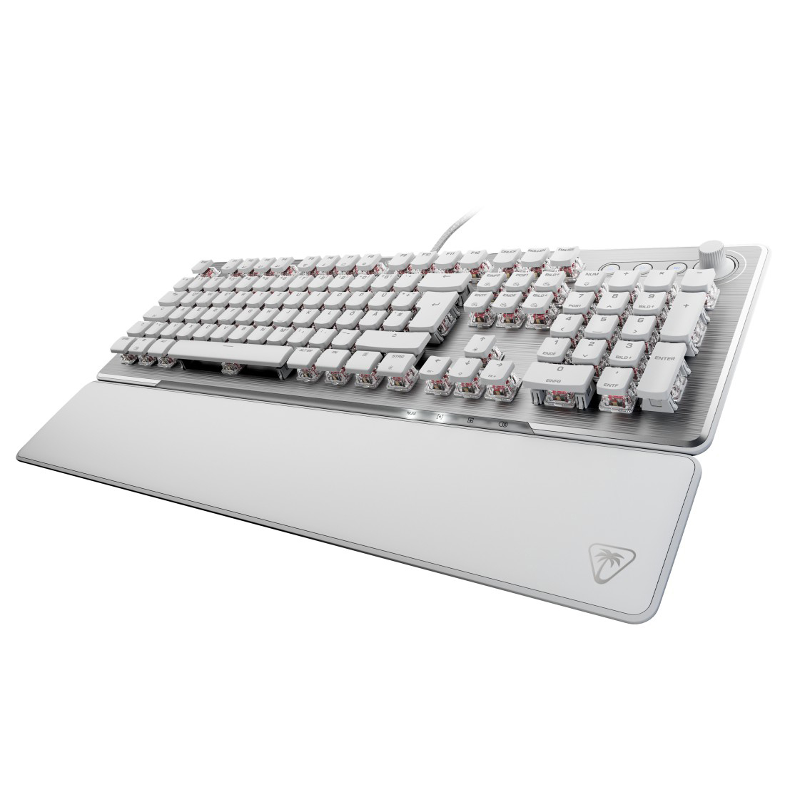 Eine weiße Gaming-Tastatur mit roten Schaltern, einer Handballenauflage und einem Lautstärkeregler.