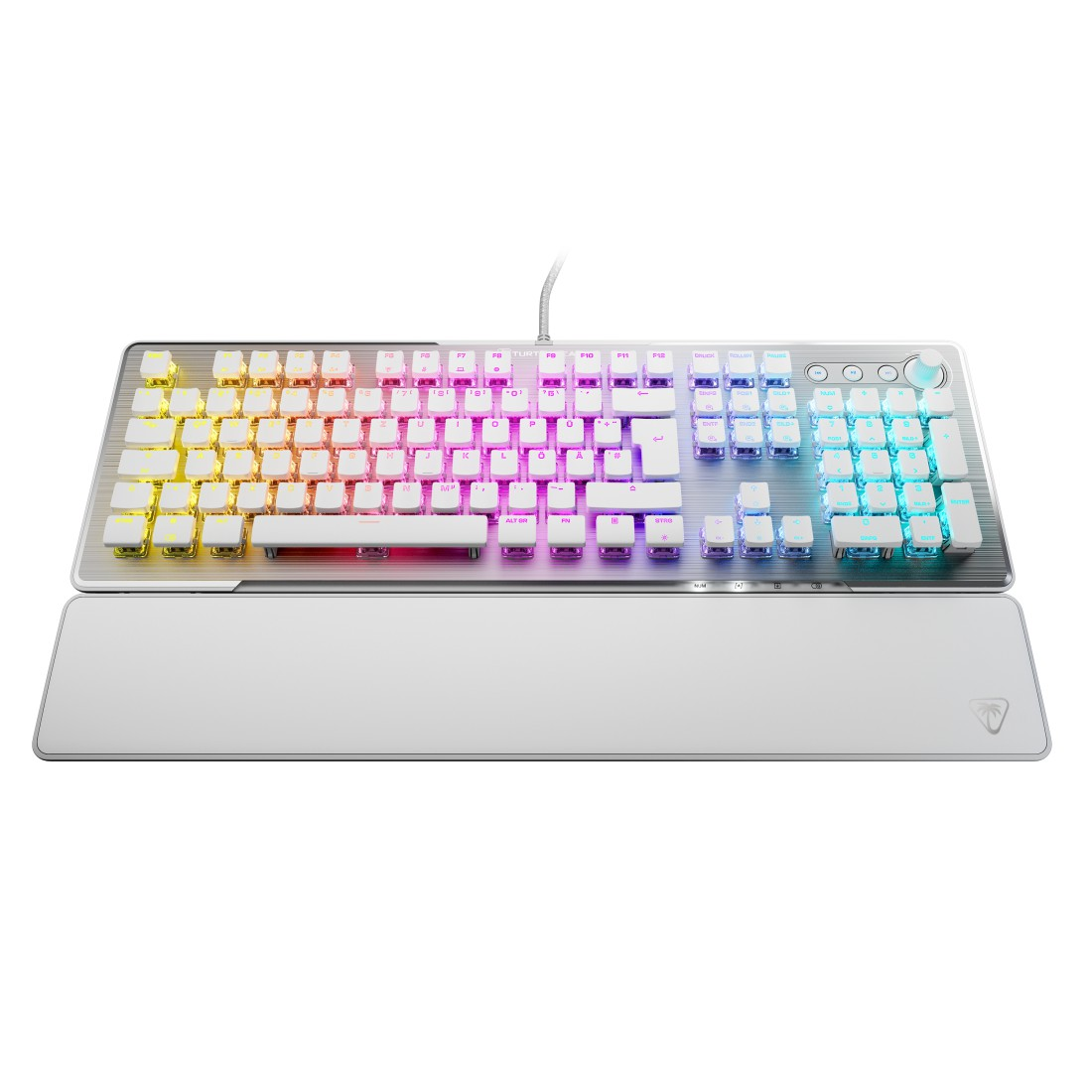 Eine beleuchtete RGB-Tastatur mit Handballenauflage. Weiße Tasten und weißer Rahmen. Schwarzes Kabel.