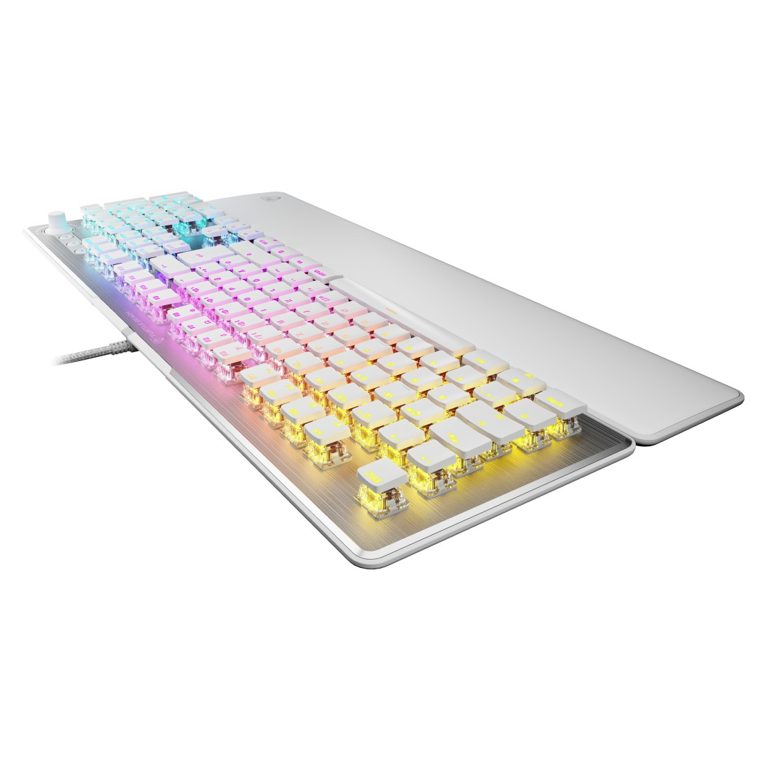 Eine weiße mechanische Tastatur mit RGB-Beleuchtung auf den Tastenkappen. Tasten sind transparent.