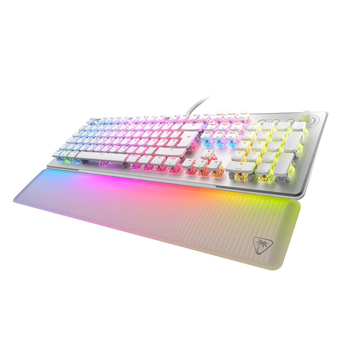 Gaming-Tastatur mit bunten Lichtern, weißen Tasten und Handballenauflage.
