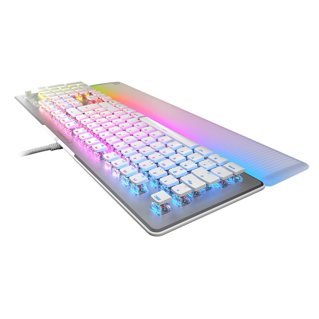 Weiße mechanische Tastatur mit RGB-Beleuchtung. Tasten sind weiß, mit verschiedenen Farben. Ein Kabel ist angeschlossen.