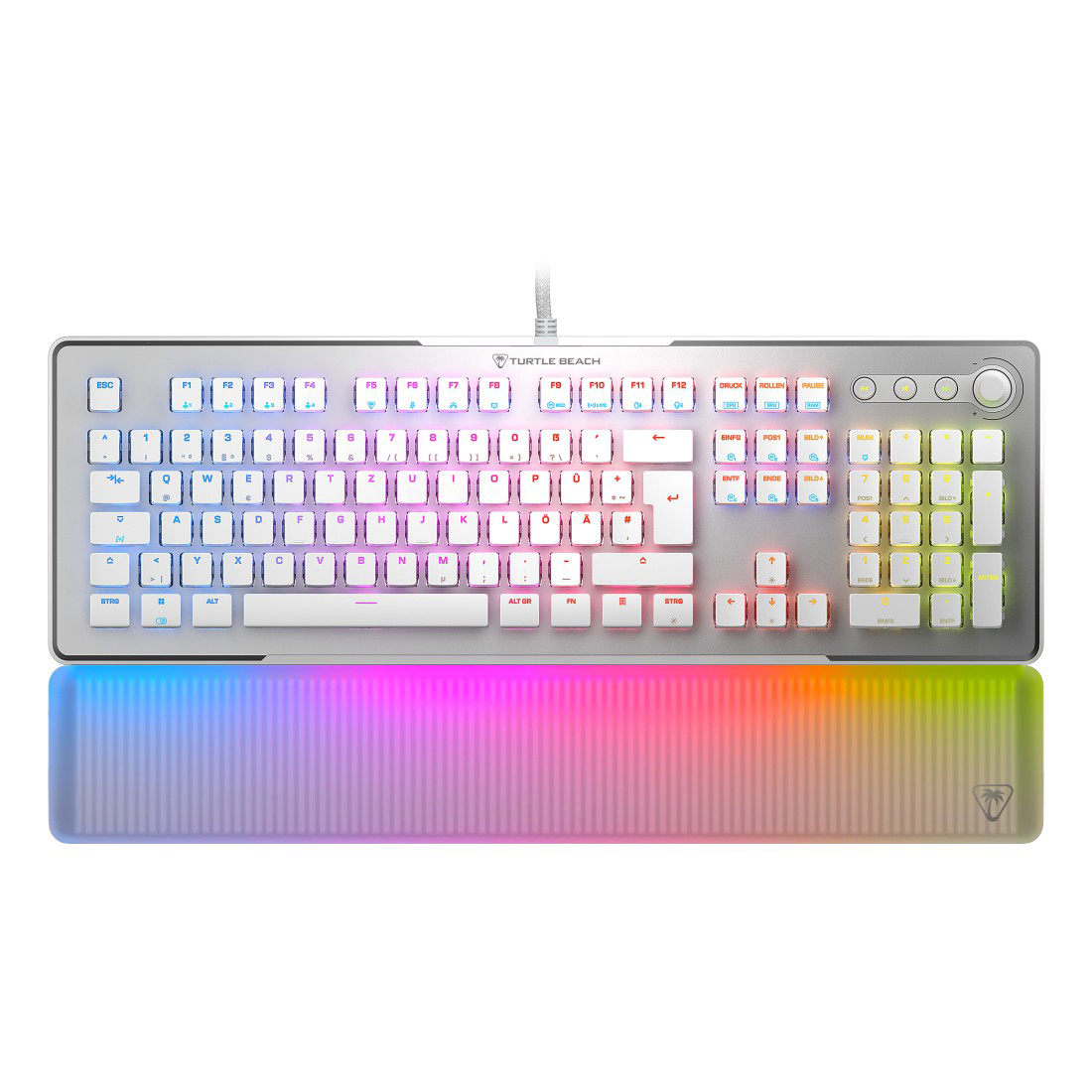 Weiße Turtle Beach-Tastatur mit farbigen beleuchteten Tasten und Handballenauflage.