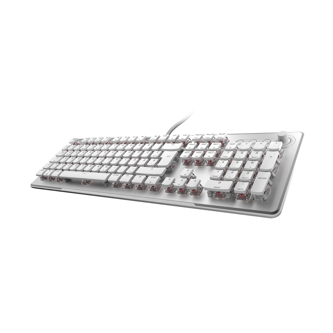 Eine weiße mechanische Tastatur mit transparenten Tastenkappen und roten Schaltern.