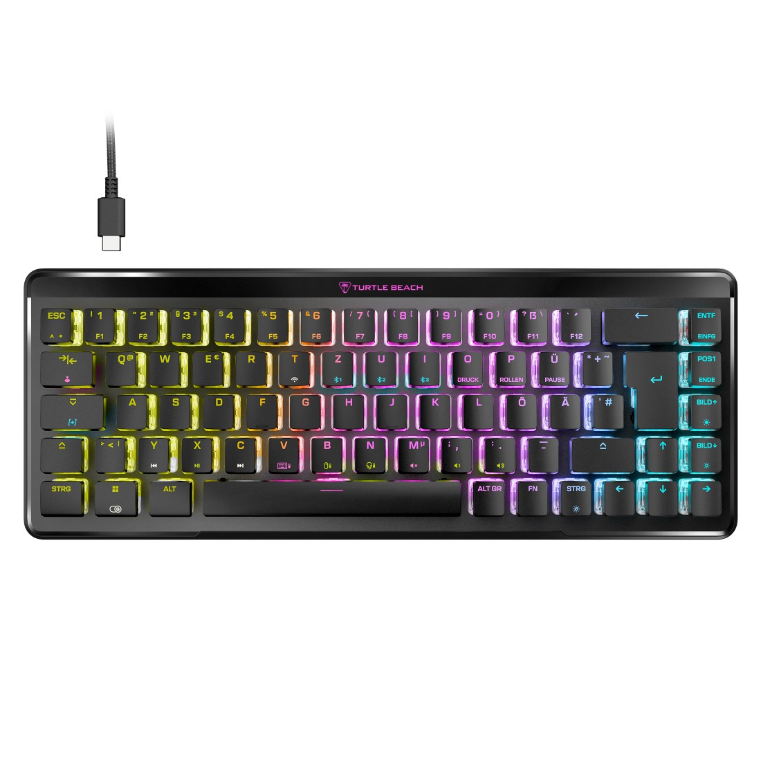 Schwarze Tastatur mit farbwechselnden Tasten. USB-C-Kabel angeschlossen. Weißer Hintergrund.