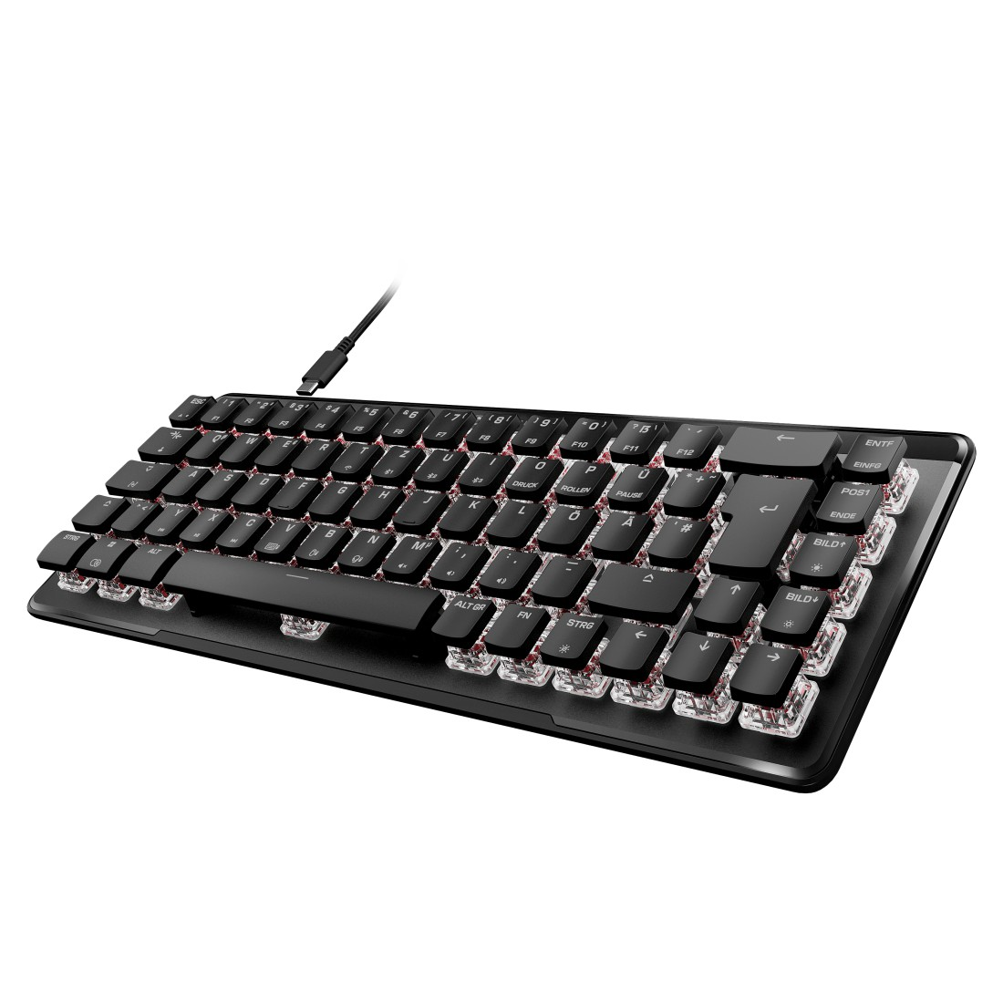 Schwarze Tastatur mit roten Schaltern, schwarzen Tasten und einem Kabel. Weißer Hintergrund.