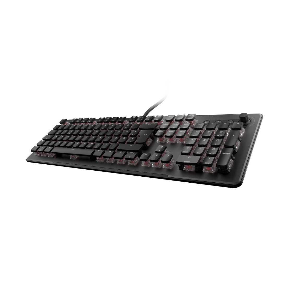 Schwarze Tastatur mit transparenten Tasten und roten Lichtern.