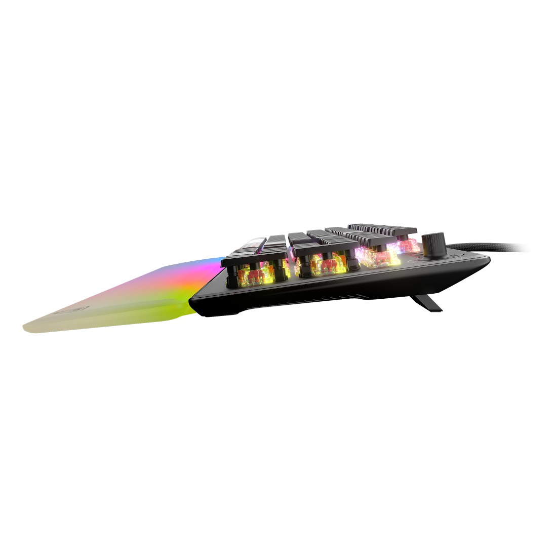 Eine Gaming-Tastatur mit RGB-Beleuchtung und einem weißen Hintergrund.