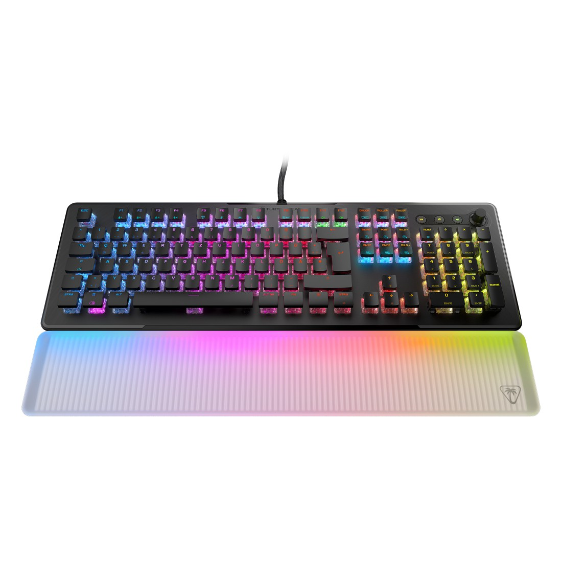 Eine schwarze Tastatur mit RGB-Beleuchtung und einer Handgelenkauflage mit Farbverlauf.