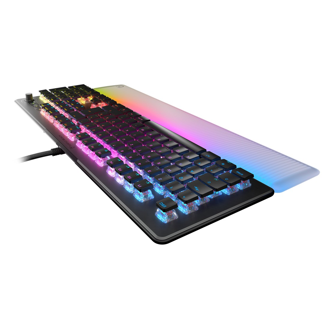 Schwarze Tastatur mit RGB-Beleuchtung und Handgelenkauflage.