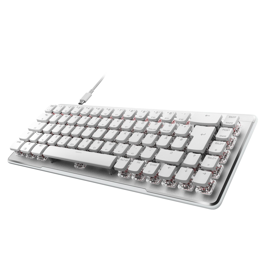 Weiße mechanische Tastatur mit transparenten Tastenkappen. Ein USB-Kabel verbindet sie.