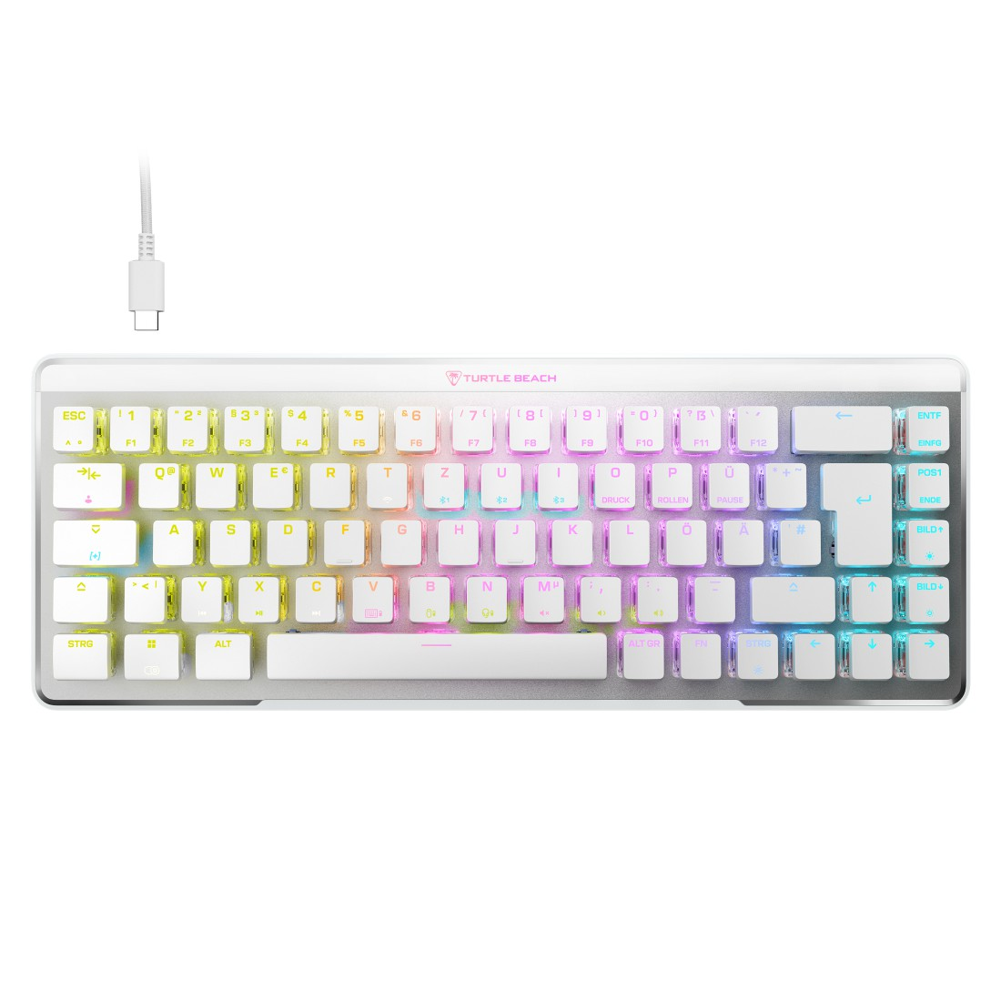 Weiße Tastatur mit Regenbogen-Tasten und weißem Kabel.