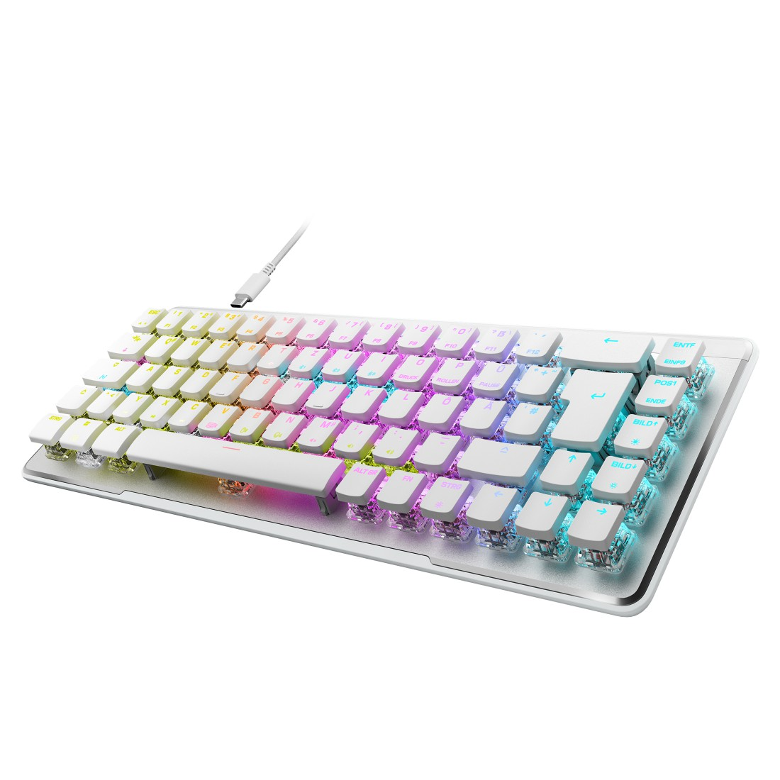 Weiße Tastatur mit regenbogenfarbenen Tasten, verbunden mit einem weißen Kabel. Tasten haben transparente Oberteile.