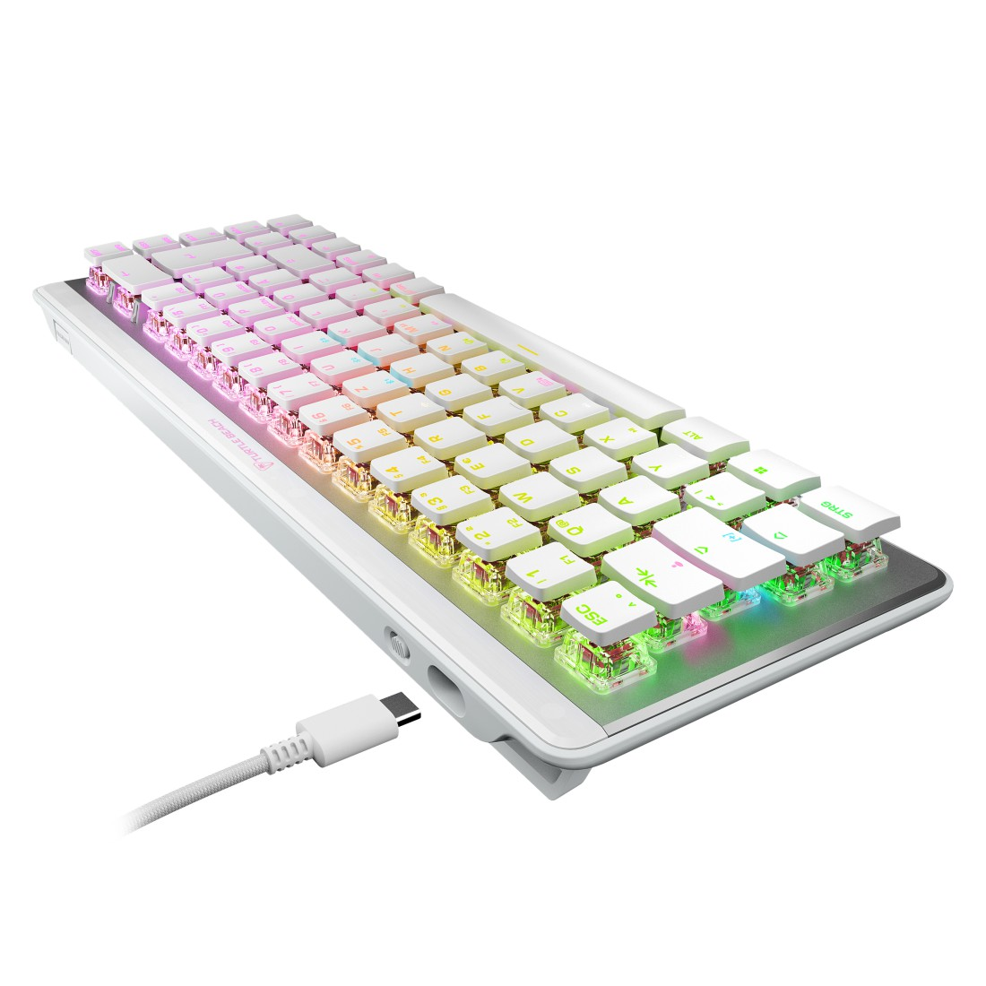 Eine weiße Gaming-Tastatur mit farbig beleuchteten Tasten und einem USB-C-Kabel.