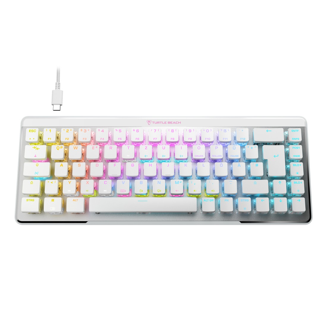 Weiße Gaming-Tastatur mit farbigen Tasten, ein USB-C-Kabel ist angeschlossen.