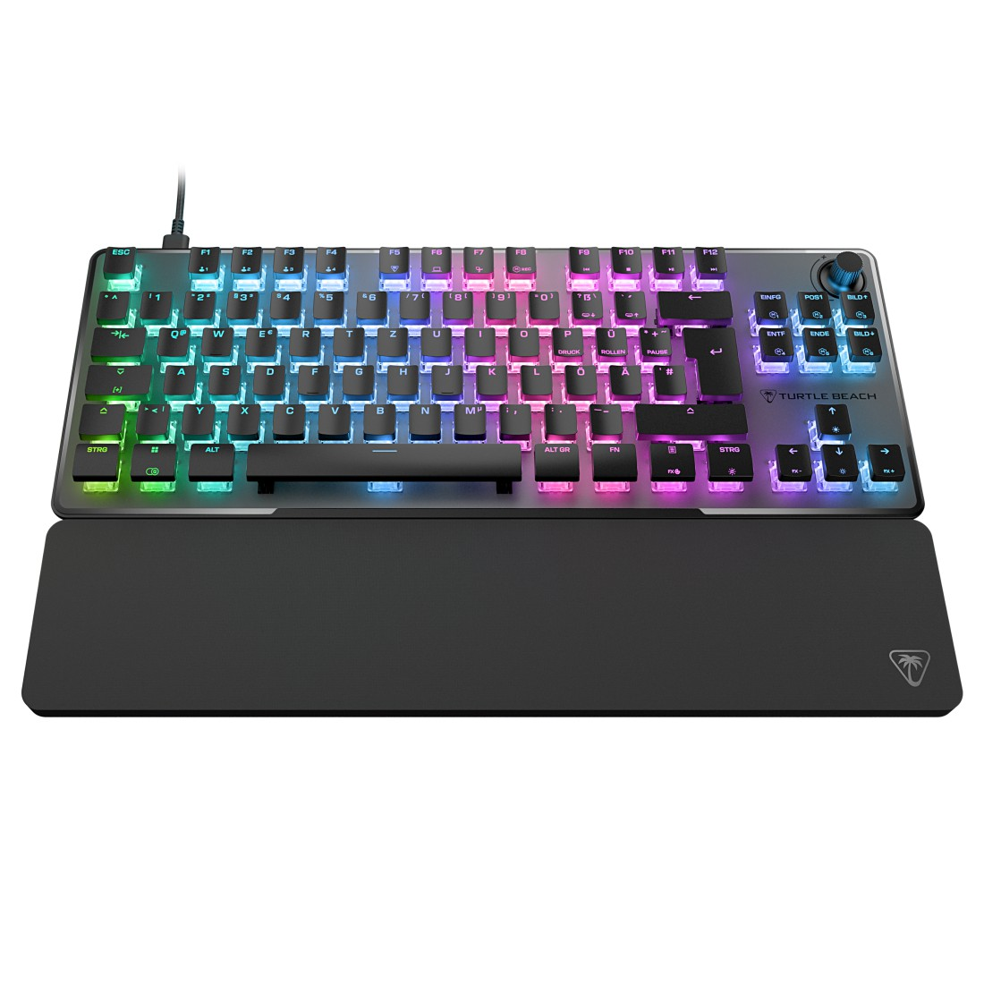 Eine hintergrundbeleuchtete mechanische Tastatur mit Handballenauflage, mit farbigen Tasten. Marke Turtle Beach.