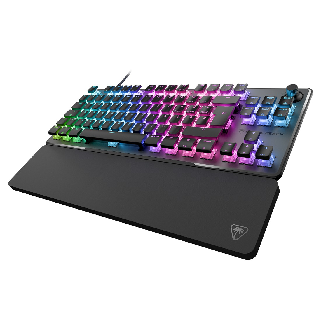 Eine Gaming-Tastatur mit bunten Lichtern, einer Handgelenkauflage und einem Lautstärkeregler.
