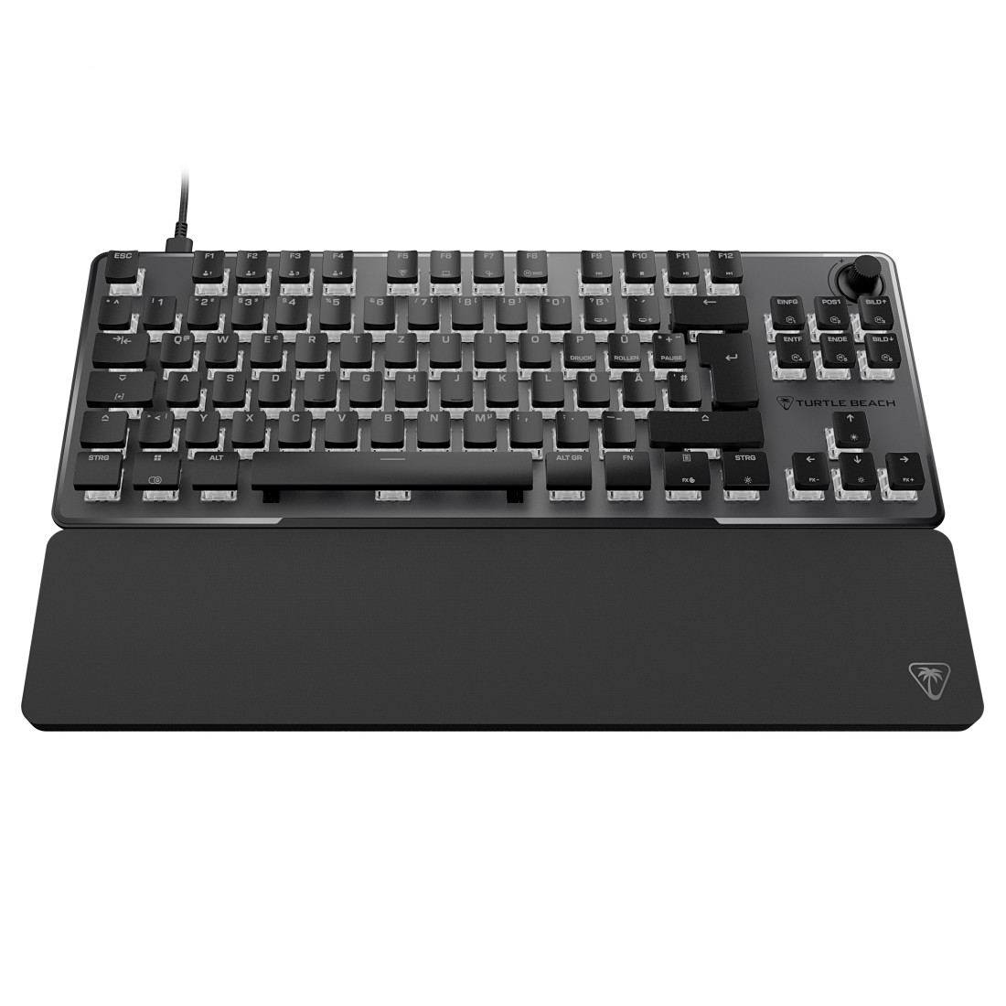 Schwarze Gaming-Tastatur mit Handballenauflage, weiße Tasten, weißer Hintergrund.