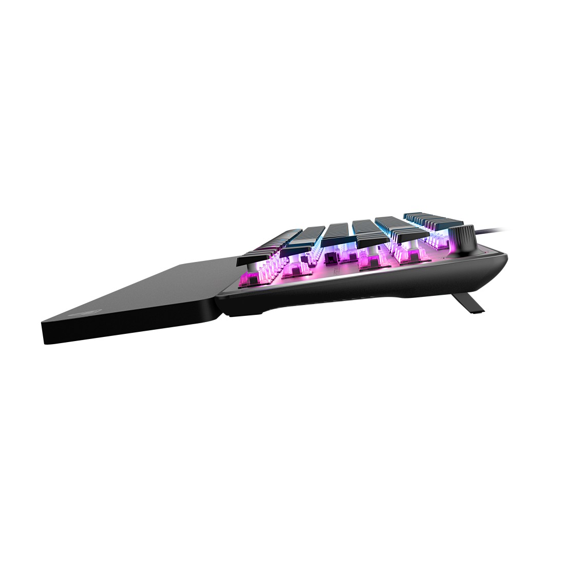 Schwarze Gaming-Tastatur mit farbigen Lichtern. Sie hat eine große Handgelenkauflage und eine Lautstärkeregelung.