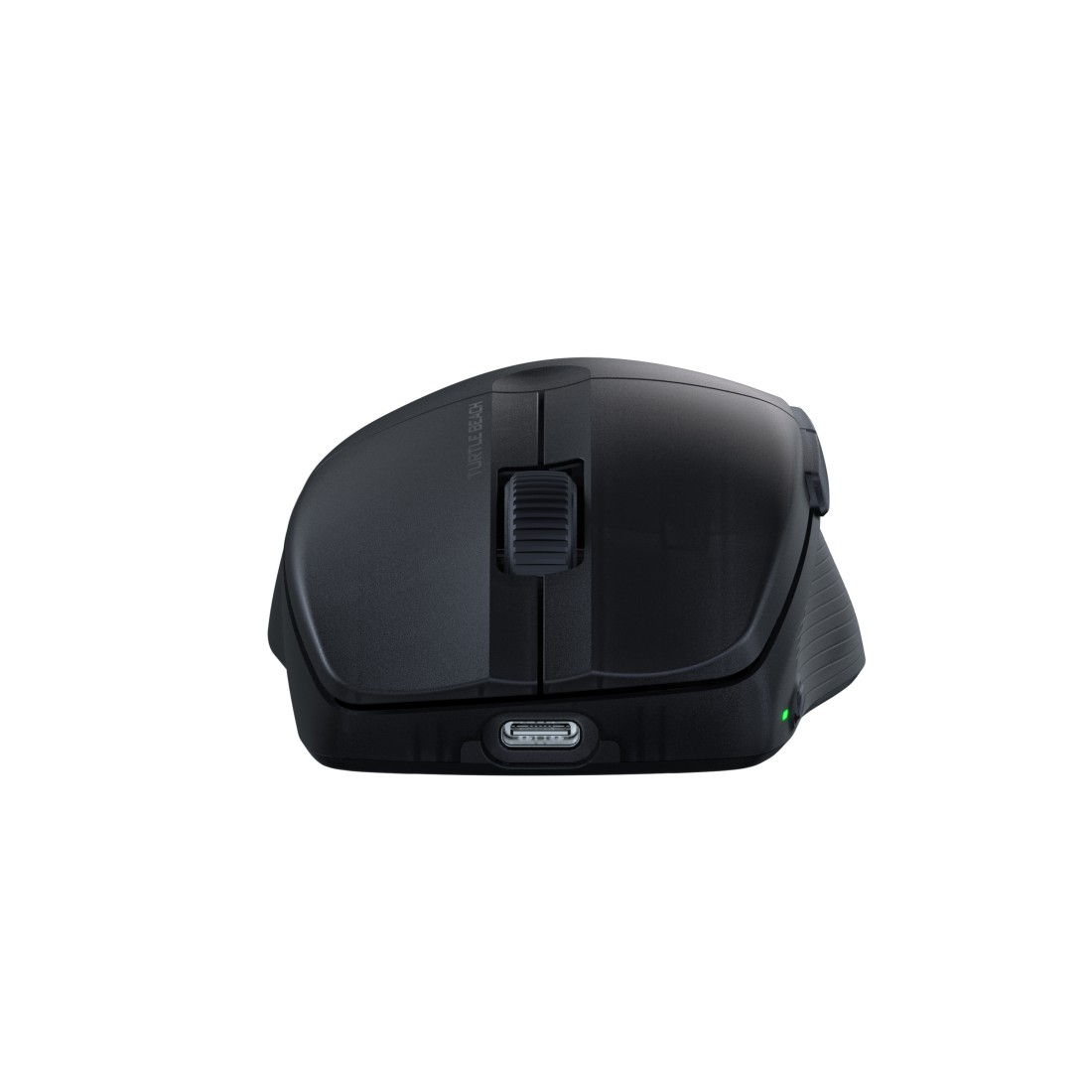 Schwarze kabellose Maus. Sie hat ein Scrollrad, Tasten und einen USB-C-Anschluss.