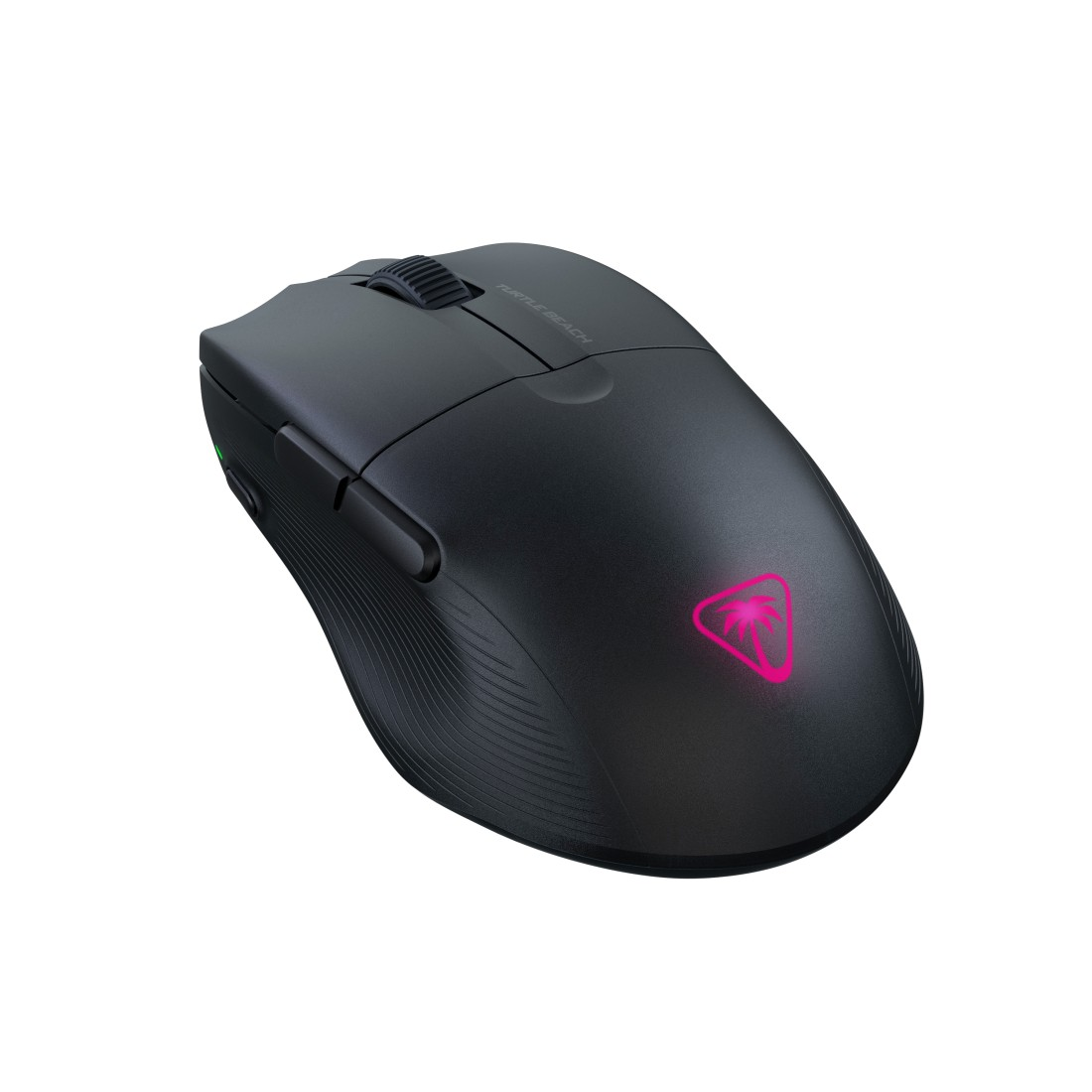 Schwarze Gaming-Maus mit Logo. Scrollrad und Tasten sichtbar auf weißem Hintergrund.