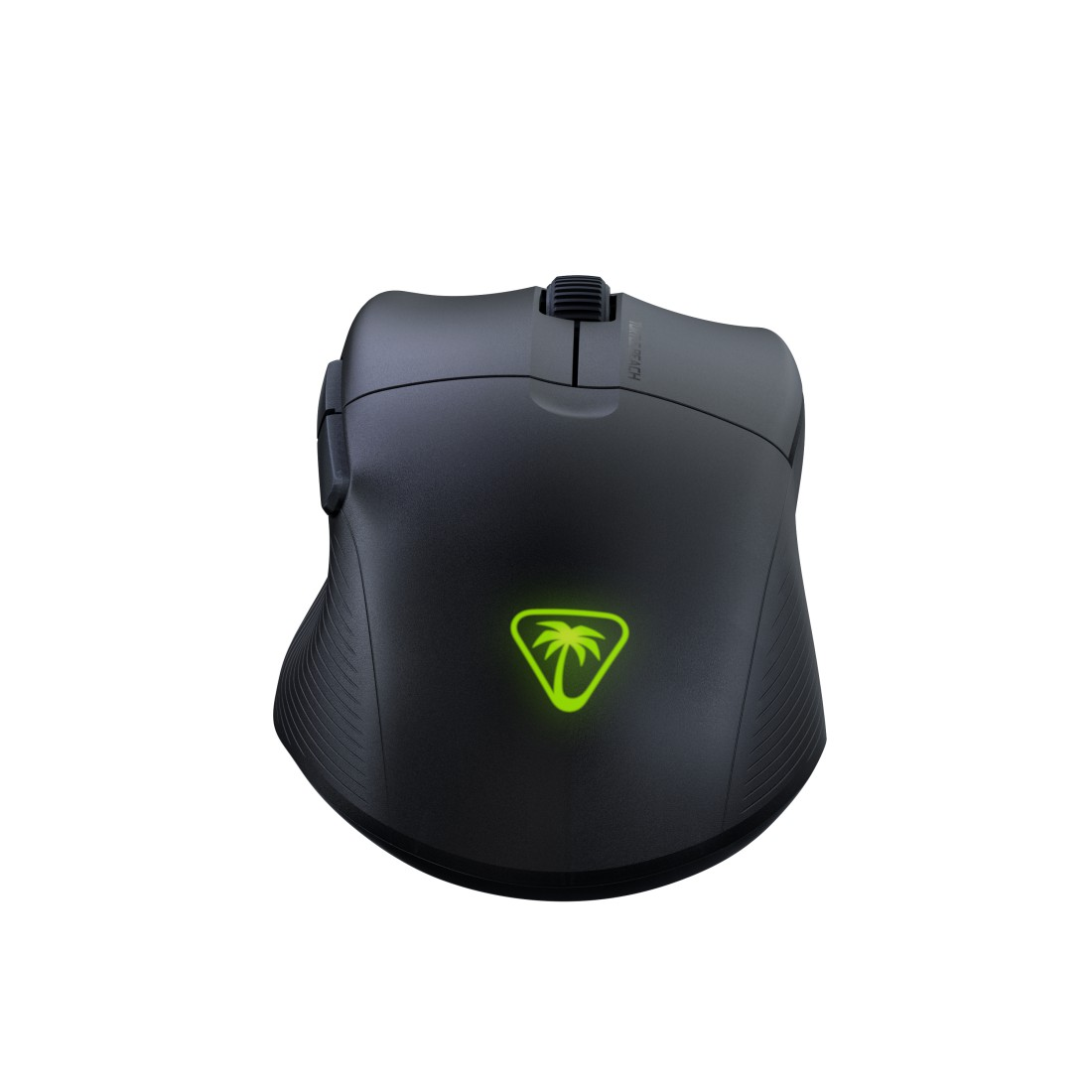 Eine schwarze Gaming-Maus mit grünem Palmenlogo, Draufsicht, vor weißem Hintergrund.