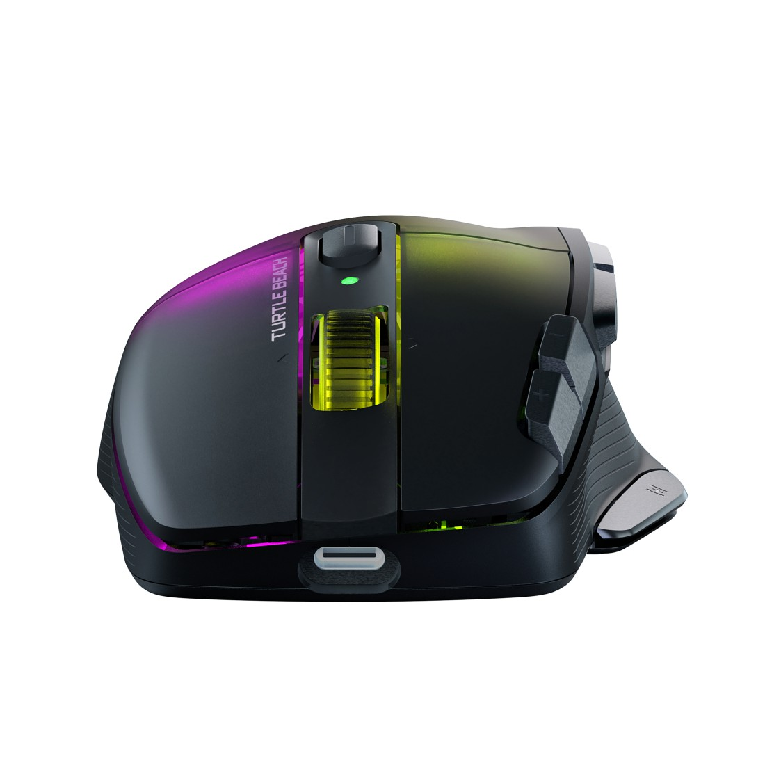 Schwarze Turtle Beach Gaming-Maus mit farbiger Beleuchtung und gelbem Scrollrad.