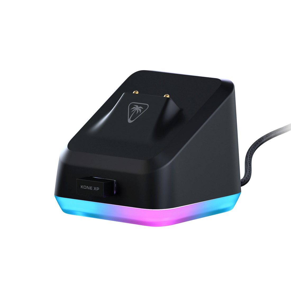 Eine schwarze Ladestation für eine Maus, mit RGB-Beleuchtung an der Basis und einem schwarzen Kabel.