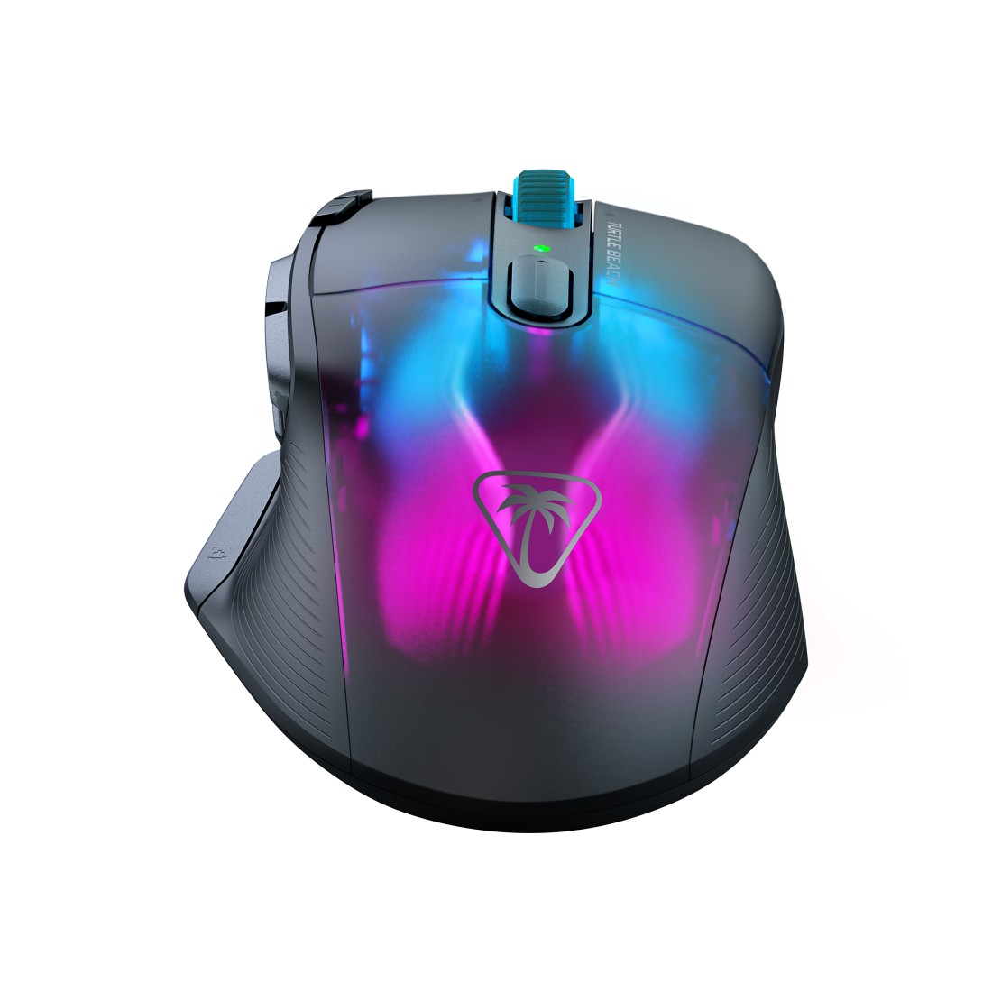 Schwarze und graue Gaming-Maus mit blau-rosa Akzenten, Palmenlogo und blauem Scrollrad.