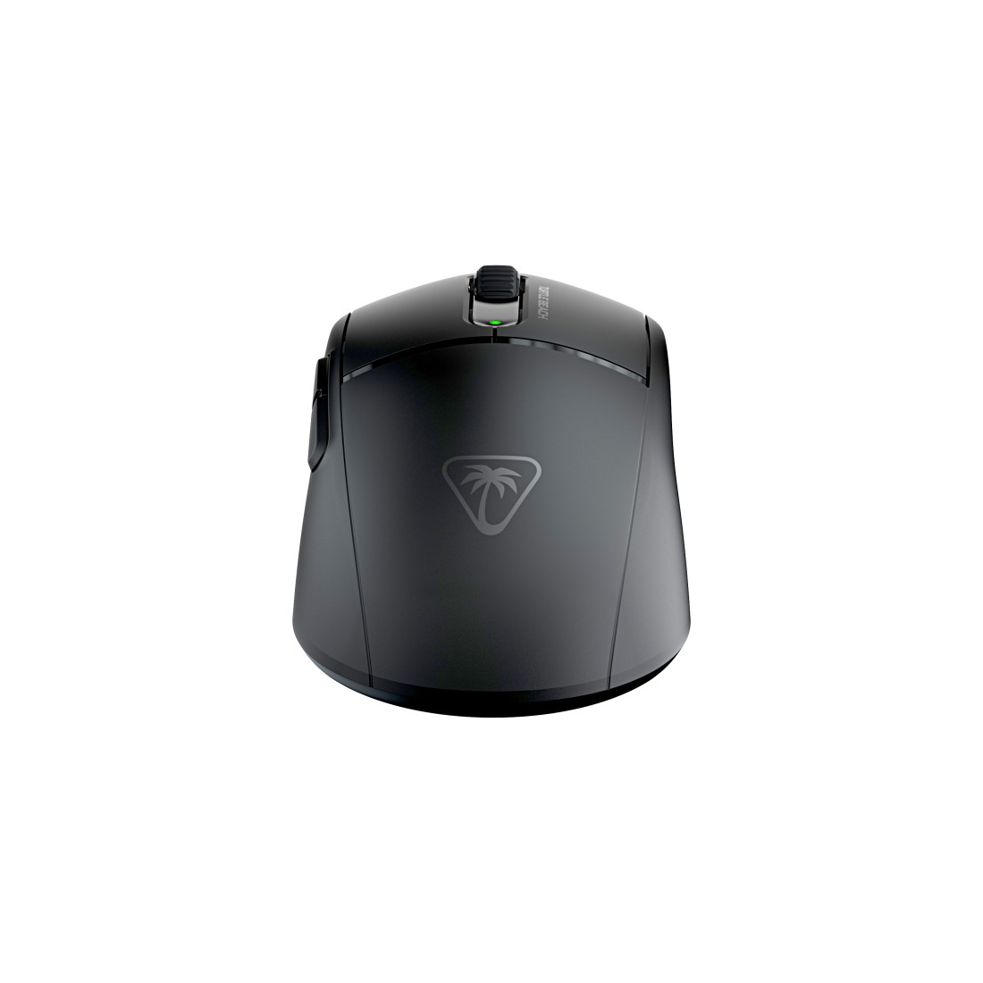 Schwarze kabellose Gaming-Maus. Weißer Hintergrund.