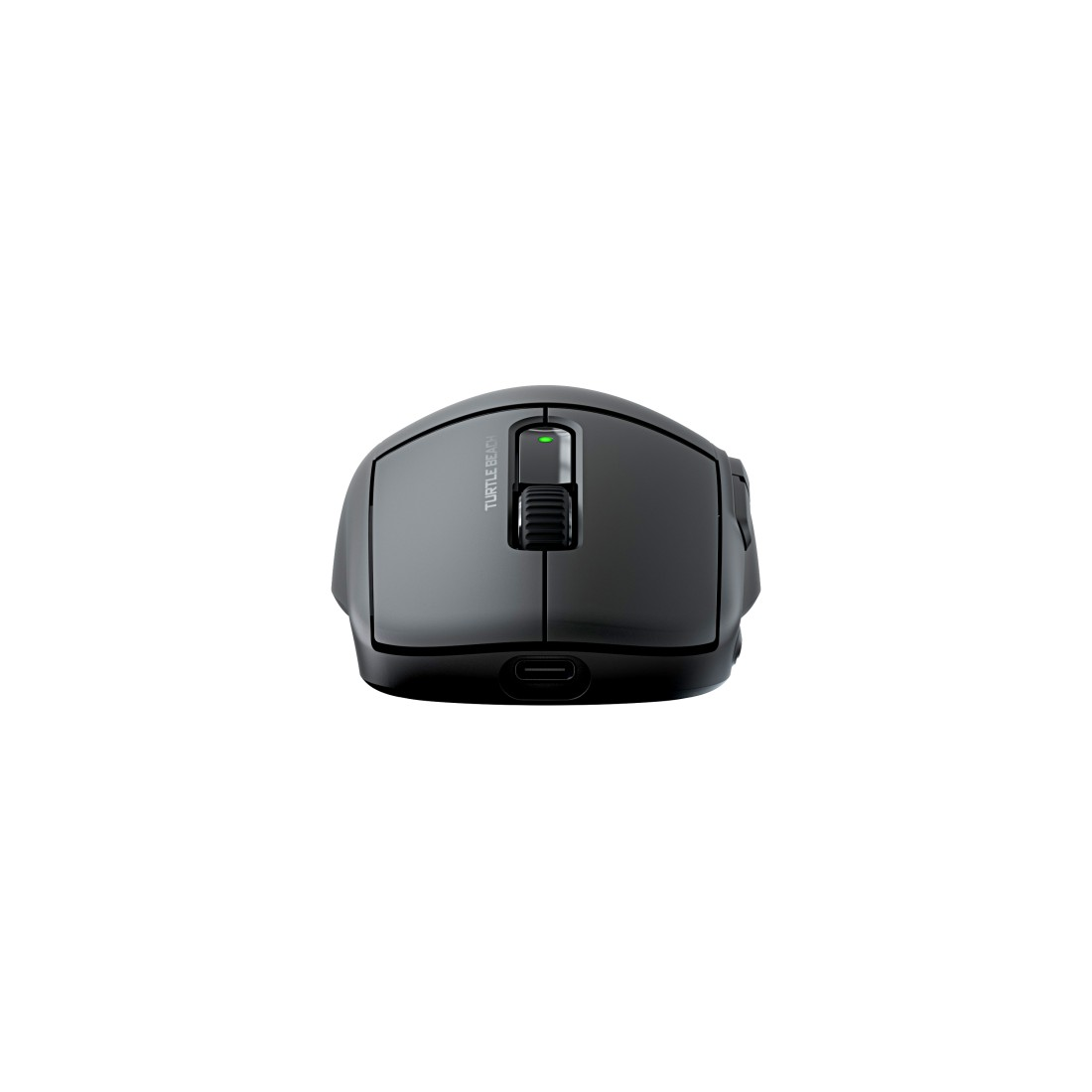 Eine schwarze Turtle Beach Gaming-Maus von oben gesehen, mit Scrollrad und Tasten.