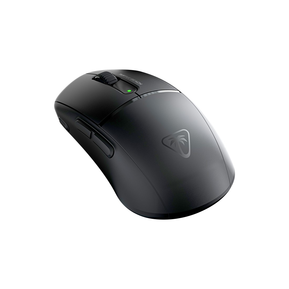 Eine schwarze Gaming-Maus. Die Maus ist abgewinkelt und hat ein Palmenlogo auf der Oberseite.