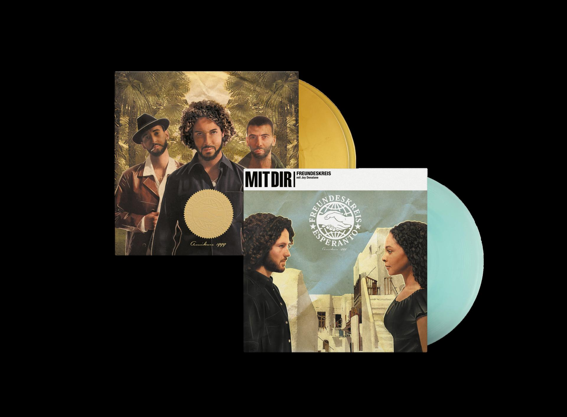 Albumcover einer Band mit drei Männern, Bandlogo, goldener und hellblauer Vinyl-Schallplatte.